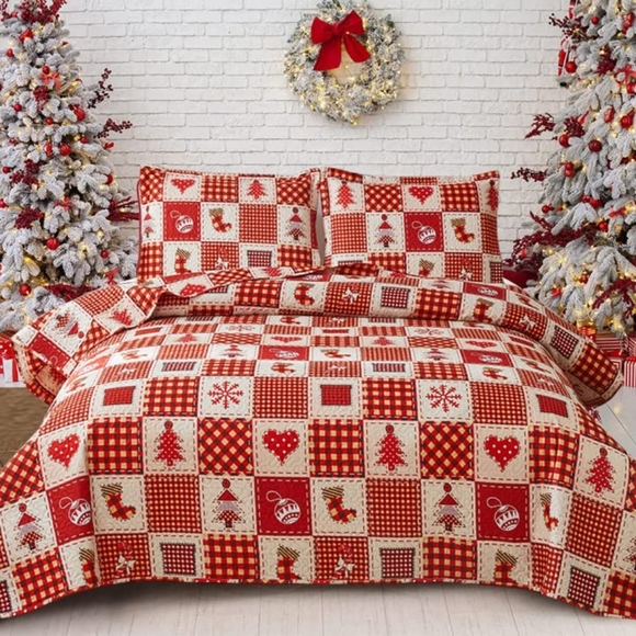 Christmas Twin Bedding 3 Pcs Lightweight Patchwork Quilt Set, New - Picture 2 of 7